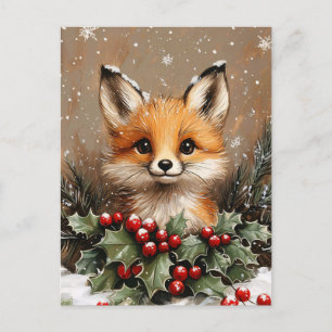Carte Postale Renard d'hiver avec houx et pin enneigé