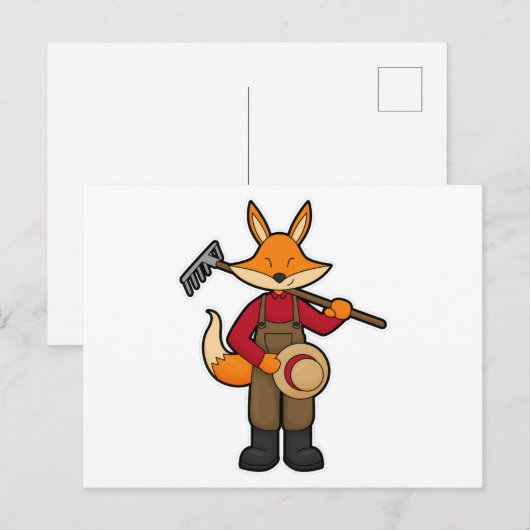 Carte Postale Renard en fermier avec râteau et chapeau (Devant / Derrière)