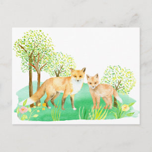 Carte Postale Renard et bébé au lavis