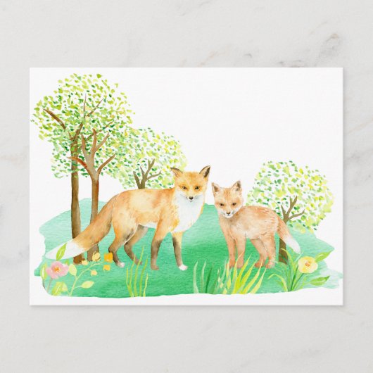 Carte Postale Renard et bébé au lavis (Devant)