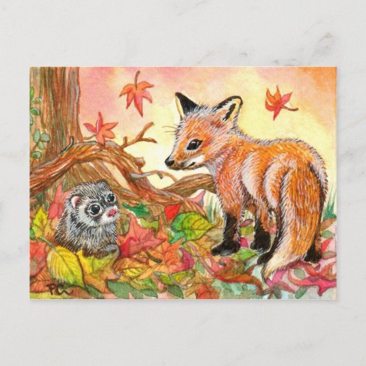 Carte Postale Renard et furet en feuilles d'automne (Devant)