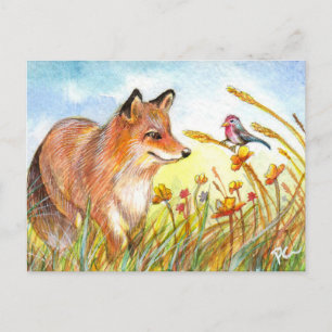 Carte Postale Renard Et Oiseau Dans Le Champ