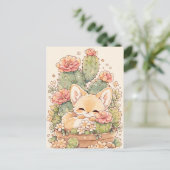 Carte Postale Renard Fennec au Pot de Cactus Abricot Dormant (Debout devant)