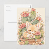 Carte Postale Renard Fennec au Pot de Cactus Abricot Dormant (Devant / Derrière)