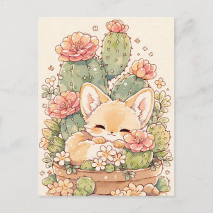 Carte Postale Renard Fennec au Pot de Cactus Abricot Dormant