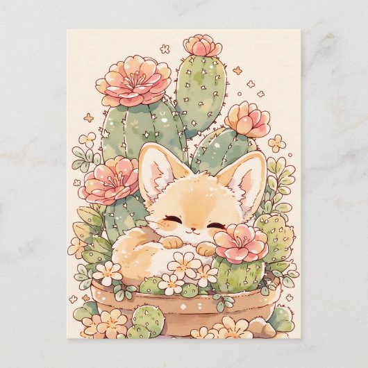 Carte Postale Renard Fennec au Pot de Cactus Abricot Dormant (Devant)
