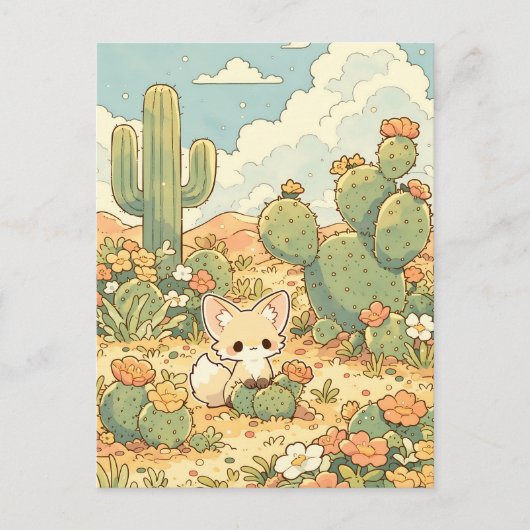 Carte Postale Renard Fennec Mignon Cactus Fleurissant (Devant)
