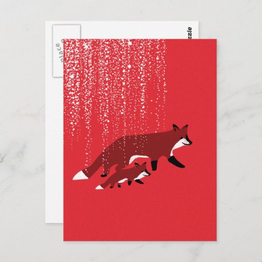 Carte Postale Renard mère et bébé marchant sous la neige (Devant / Derrière)