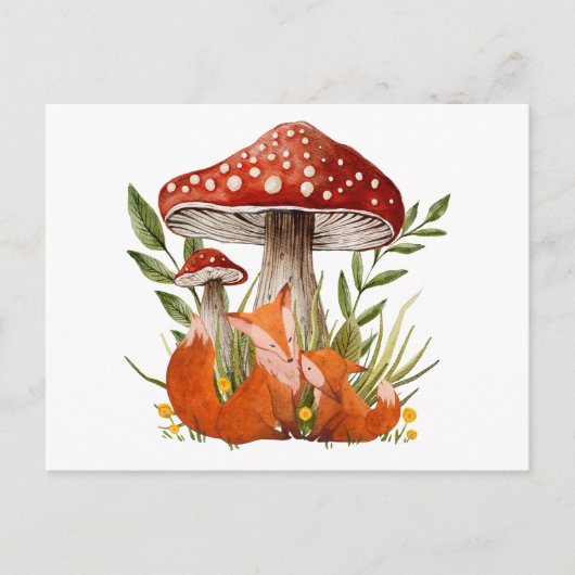 Carte Postale Renard mère et son bébé sous de gros champignons (Devant)