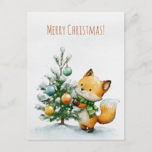 Carte Postale Renard mignon décorant un petit arbre de Noël, 