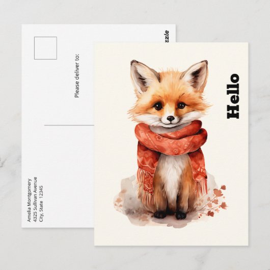 Carte Postale Renard mignon en écharpe rouge (Devant / Derrière)