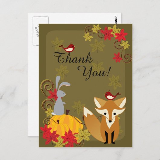 Carte Postale Renard mignon et Animaux de la forêt Merci d'autom (Devant / Derrière)