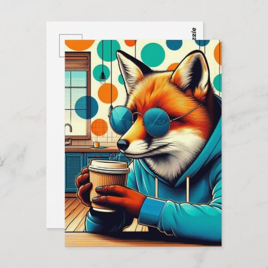 Carte Postale Renard rouge avec café (Devant / Derrière)