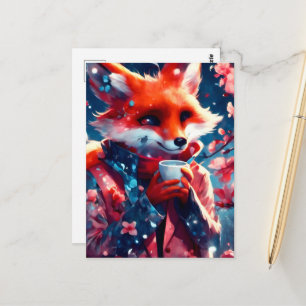 Carte Postale Renard Rouge Avec une Fleur de Cerisier à Café Pri