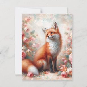 Carte Postale Renard rouge floral dans le jardin Rose