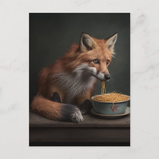 Carte Postale Renard rouge mangeant un bol de Spaghetti (Devant)