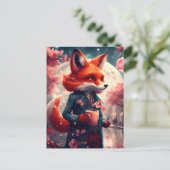 Carte Postale Renard Rouge Marcher avec un café Cerisier Fleurs (Debout devant)