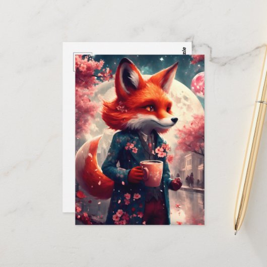 Carte Postale Renard Rouge Marcher avec un café Cerisier Fleurs (Devant/Arrière en situation)