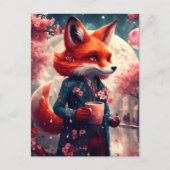 Carte Postale Renard Rouge Marcher avec un café Cerisier Fleurs (Devant)