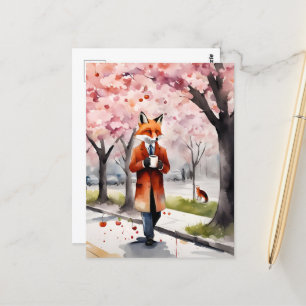 Carte Postale Renard Rouge Marcher avec un café Cerisier Fleurs