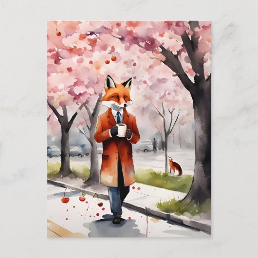 Carte Postale Renard Rouge Marcher avec un café Cerisier Fleurs (Devant)