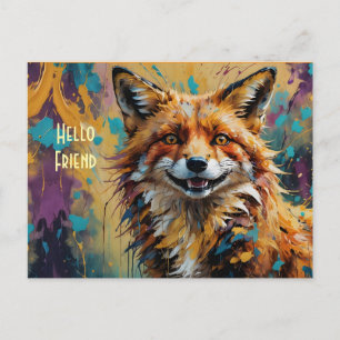 Carte Postale Renard souriant heureux - Bonjour l'ami éclaboussu