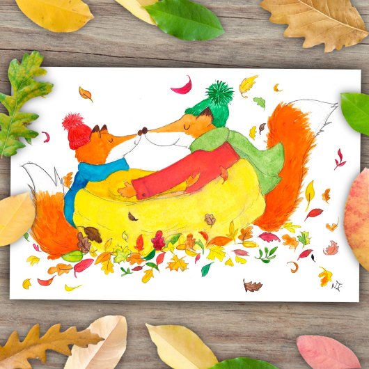 Carte Postale Renards d'automne douillets emmitouflés