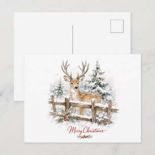 Carte Postale Renneau de Noël à l'aquarelle dans la neige