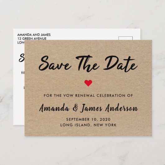 Carte Postale Renouvellement Vow Kraft Simple Enregistrer La Dat (Devant / Derrière)