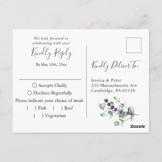 Carte Postale REPAS CHOIX Eucalyptus moderne mariage floral RSVP (Dos)