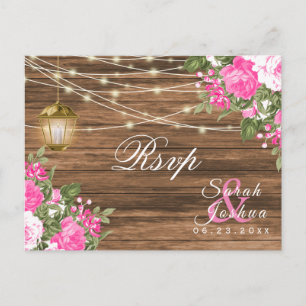 Carte Postale Répondre SVP - Mariage Bois, Lanterne et Fleurs Ro