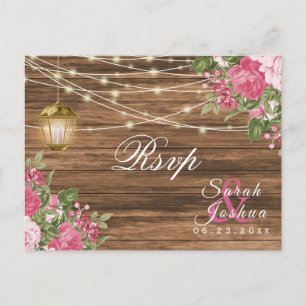 Carte Postale Répondre SVP - Mariage Fleurs de Bois, Lanterne et
