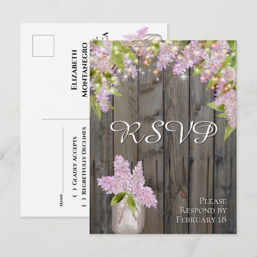 Carte Postale Réponse de mariage aux lilas rustiques avec bois d (Devant / Derrière)