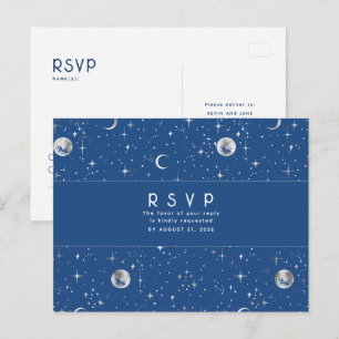 Carte Postale Réponse de mariage bleu nuit et argent Starry Nigh
