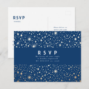 Carte Postale Réponse de mariage bleu nuit et or Starry Night