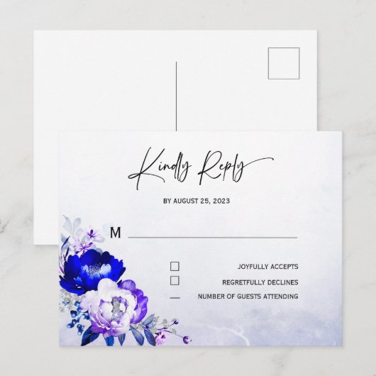 Carte Postale Réponse de mariage bleu royal et violet (Devant / Derrière)