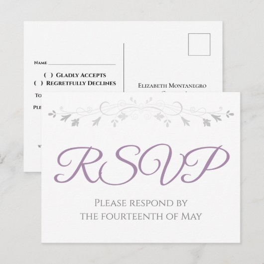 Carte Postale Réponse de mariage Élégance Simple Argent et Viole (Devant / Derrière)
