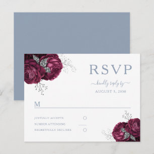Carte Postale Réponse de mariage Floral Bourgogne Bleu Poussiére