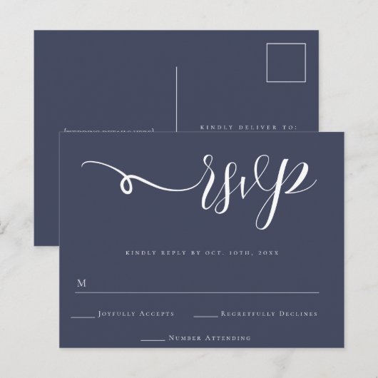Carte Postale Réponse du Mariage de script bleu de la Marine RSV (Devant / Derrière)