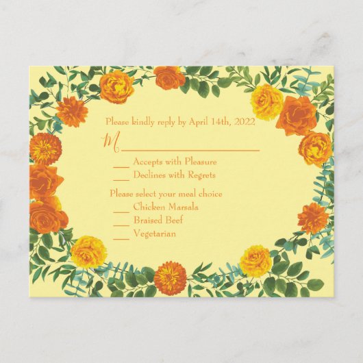 Carte Postale Réponse du Mariage Rose Orange & Jaune clair (Devant)