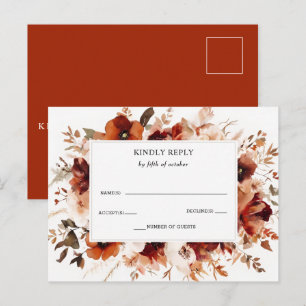 Carte Postale Réponse Mariage Floral Automne Bourgogne Orange Br