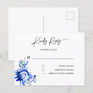 Carte Postale Réponse pour le Mariage Royal Bleu et Argent