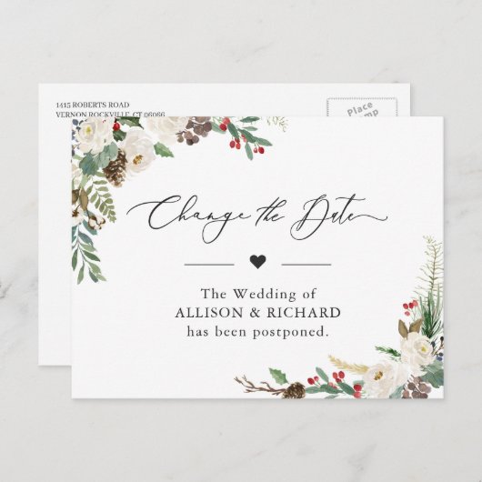 Carte Postale Reporter la Date Fleurie Rustique d'Hiver Reportée (Devant / Derrière)