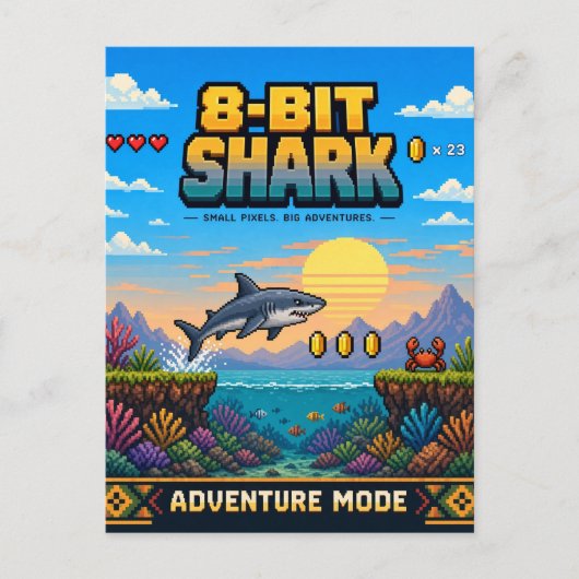 Carte Postale Requin, Rétro Pixel Art 8-Bit (Devant)