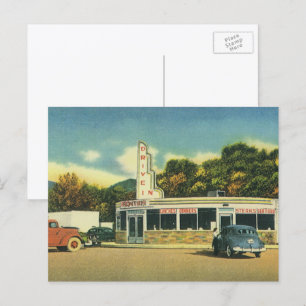 Carte Postale Restaurant Vintage, Diner et Voitures de Drive In