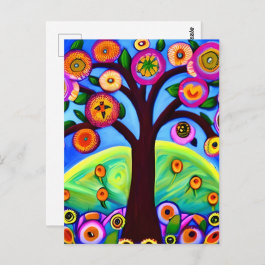 Carte Postale Rester en contact | Whimsical Tree Folk Art (Devant / Derrière)