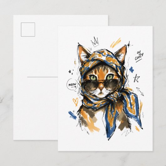 Carte Postale Restez Cool Chat avec Lunettes de Soleil & Écharpe (Devant / Derrière)