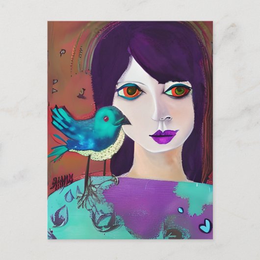 Carte Postale Restez en contact avec un ami | Fille et Oiseau  (Devant)