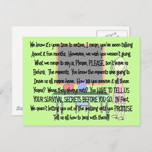 Carte Postale Retraite de l'enseignant "Parents fous" Histoire A (Devant / Derrière)