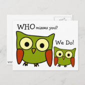 Carte postale Retro 1960's Owl Miss You (Devant / Derrière)